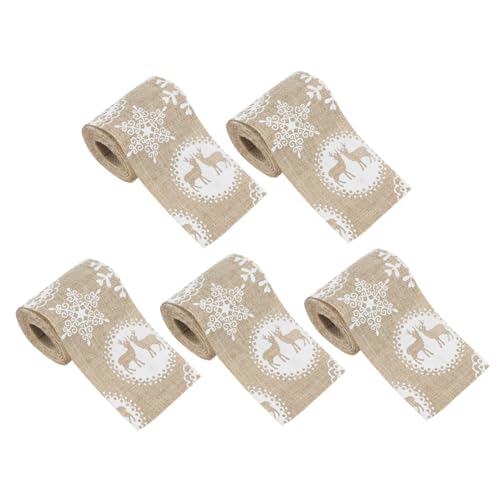 TEHAUX 5 Stück Teiliges Weihnachtsband aus Leinen mit Gedrucktem Rentier Schneeflockenmuster Dickes Glattes Material für DIY Weihnachtsdeko Geschenkverpackung Basteln von TEHAUX