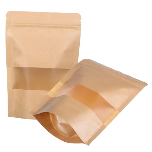 TEHAUX 50 Stück Braune Kraftpapier Papiertüten mit Sichtfenster Selbststehend Wiederverschließbar Feuchtigkeitsgeschützt für Kekse Snacks Kaffee und Lebensmittelverpackung von TEHAUX