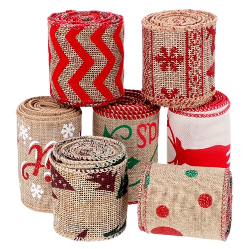 TEHAUX 7-teiliges Weihnachts-juteband, Stoffbesatzband in Verschiedenen Farben für Weihnachtsgeschenkverpackungen Und Partydekorationen, 2 Meter Pro Rolle von TEHAUX