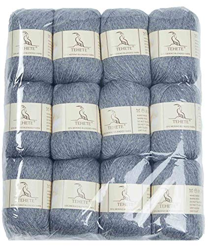 TEHETE Merinowolle, 12 x 50 g, 3-lagig, weiches Handstrickgarn, für Pullover, Schal, Leggings, Handschuhe, Socken (12 Knäuel, grau) von TEHETE