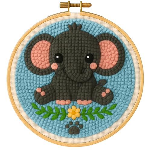 Stanznadel-Set für Anfänger – Baby-Elefant mit Blumen DIY Stickset mit Garn, Stoff, Reifen, Nadel & Anleitung – lustiges Bastelset für Erwachsene & Kinder, Heimdekoration Geschenk von TEKWAVE