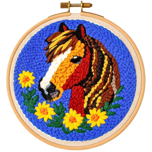 Stanznadel-Set für Anfänger – Pferd mit Sonnenblumen-Design DIY Stickset mit Garn, Stoff, Reifen, Nadel & Anleitung – lustiges Bastelset für Erwachsene & Kinder, Heimdekoration Geschenk von TEKWAVE