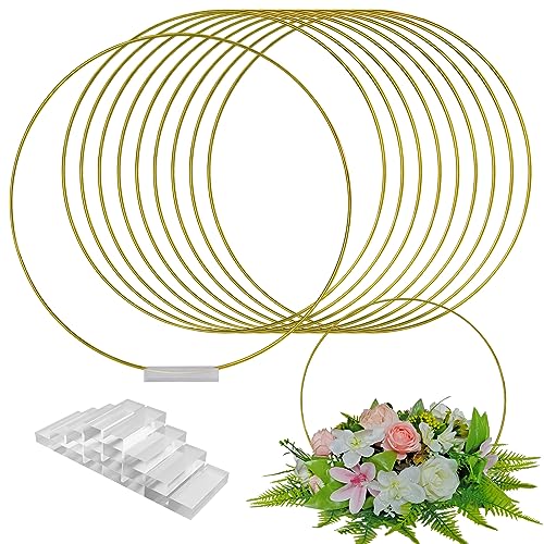 TEKXYZ 35,5cm hohen Gold Runde Hochzeit Mittelstück Vase Floral Hoop Stand mit Acrylbasis-Packung Mit 10 Stück (Blumen Nicht Enthalten) von TEKXYZ