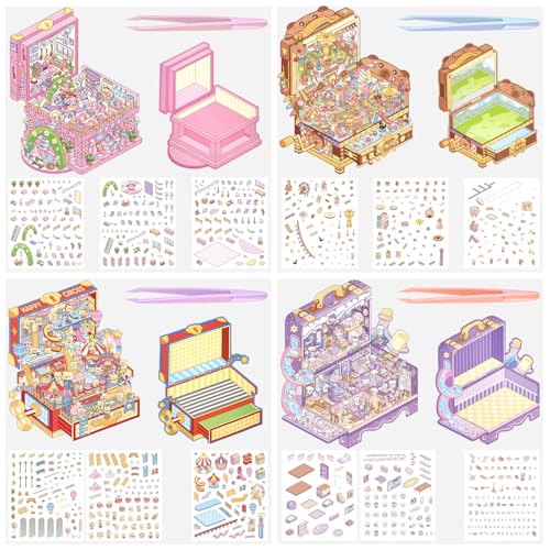 TELAIN 3D Sticker Szenen Für Kinder,4 Sets Niedliche Themen DIY Miniatur Haus Bauen Mit Wiederverwendbaren Und Wasserdichten Aufklebern, Kreatives Geschenk Für Alle Altersgruppen von TELAIN