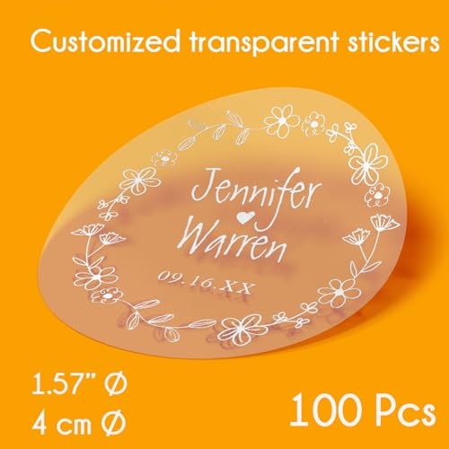Transparente Aufkleber, personalisiertes Blumendesign mit Herz, 100 Stück, 4 cm Durchmesser, Hochzeitsnamen- und Datumsaufkleber, transparente Vinyl-Etiketten für Einladungen, Gastgeschenke und von TEMEITE