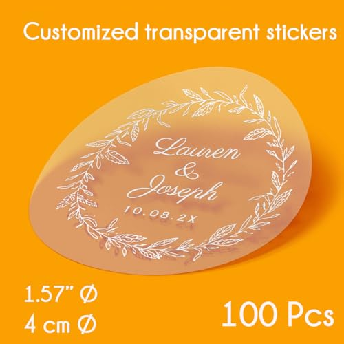Transparente Aufkleber, personalisiertes Lorbeerkranz-Design, 4 cm Durchmesser, Hochzeitsnamen- und Datumsaufkleber, transparente Vinyl-Etiketten für Einladungen, Gastgeschenke und Dekoration, 100 von TEMEITE