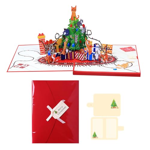 Celebratory Melodie Burst Up Grußkarte, Drei-D-Papierkunst, Weihnachtsbaum mit Katzenplan und funkelnden Lichtkonsequenzen, konstruierte Urlaubseinladungskarte von TEMOOUES