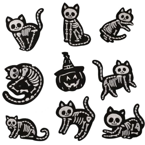 TEMOOUES 9 Stück Reparaturflicken Kürbis zum Aufbügeln bestickte Flicken Totenkopf Katzen Nähen Flicken für Kleidung Hut Jeans Schuhe Tasche von TEMOOUES