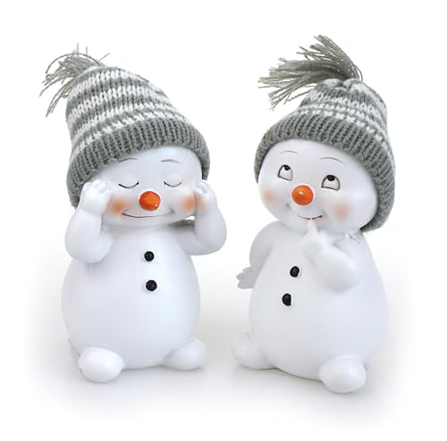 2X Deko Figur Schneemann im Set je 11 cm, Keramik weiß, Wintermütze Textil Wolle grau, Keramikfigur Dekofigur Winter Weihnachten [Typ B] von TEMPELWELT