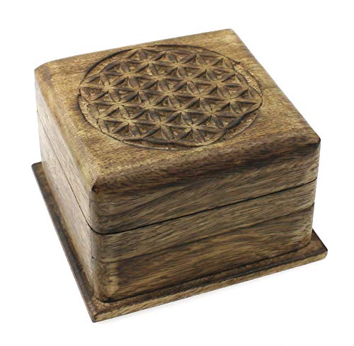 Holzbox Schatulle Holzkästchen Blume des Lebens 10x10x6,5 cm, Mango Holz braun, Schatzkistchen Schmuckschatulle, Trickbox mit Klappdeckel von TEMPELWELT