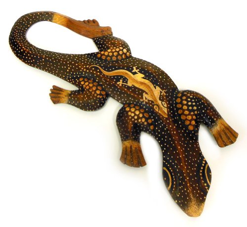 TEMPELWELT Deko Figur Wanddekoration Gecko Manis 20 cm, Holz braun punktbemalt dotpainting, Wandfigur Eidecksechse Gekko Lurch Holzfigur Bali handgefertigt von TEMPELWELT