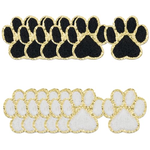 12 Stück Stoff Zum Aufbügeln,Schwarz/Weiß Goldrand Pfotenabdruckmuster,Hund Aufnäher Bügelbild Patch,Selbstklebender Aufnäher Mit Pfotenabdruck,für Kinderkleidung,Rucksäcke,DIY Kleidung,Reisetaschen. von TENGEE