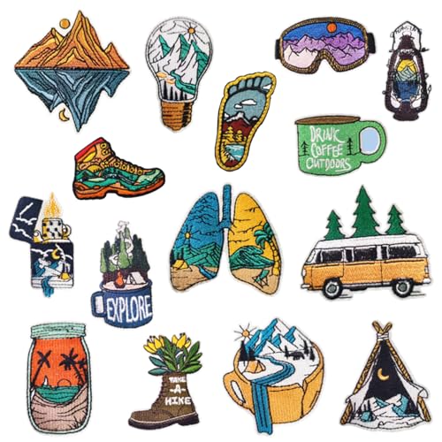 15 Stück Patches zum Aufbügeln,Camping Thema Applikationen Patches zum Aufbügeln,Farbige Landschaftsflecken,für Kleidung,Kleid,Jacken,Jeans,Hosen,Hüte Rucksäcke,Nähen Applique DIY Zubehör. von TENGEE