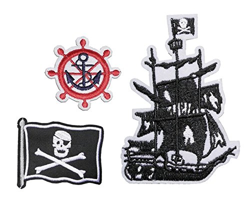 TENNER.LONDON 3er-Set Piratenschiff-Anker zum Aufbügeln/Aufnähen bestickter Aufnäher mit Jack Spatzen-Stickerei der Karibik Motiv Schiff Mate Transfer von TENNER.LONDON