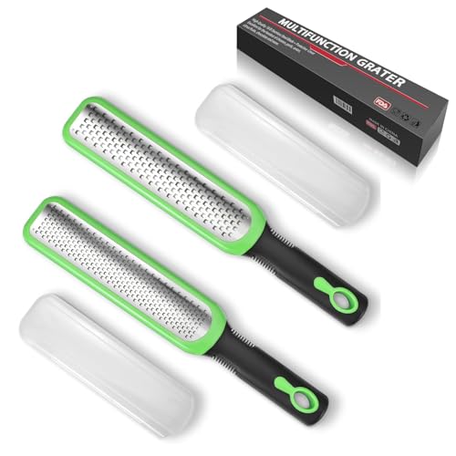 Reibe Set von 2, Käsereibe Küchenreibe Zitronenreibe Werkzeug Knoblauchreibe Ingwerreibe Muskatnuss Reibe Edelstahl, Parmesanreibe mit Griff, scharfe Klinge aus Edelstahl mit Schutzhülle von TENTA KITCHEN