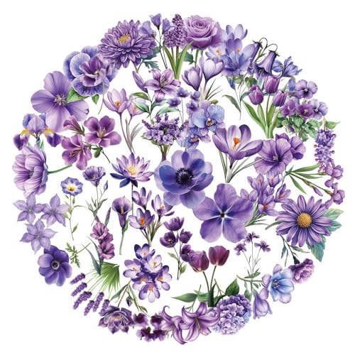 50 Blatt Blumen-Aufkleber für Wasserflasche, Laptop, Scrapbooking, Tagebuch, Album, Telefon, Federmäppchen, wasserabweisend, PET-Aufkleber, Blumenaufkleber für Handyhülle von TENYELE