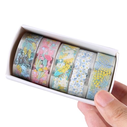 Dekoratives Klebeband, 15 mm x 2 m, Blumenband, ästhetisches Scrapbooking-Klebeband für Tagebuch, Fotoalbum, Planer, Verpackung, künstlerischer Planer, Aufkleber, 5 Rollen von TENYELE