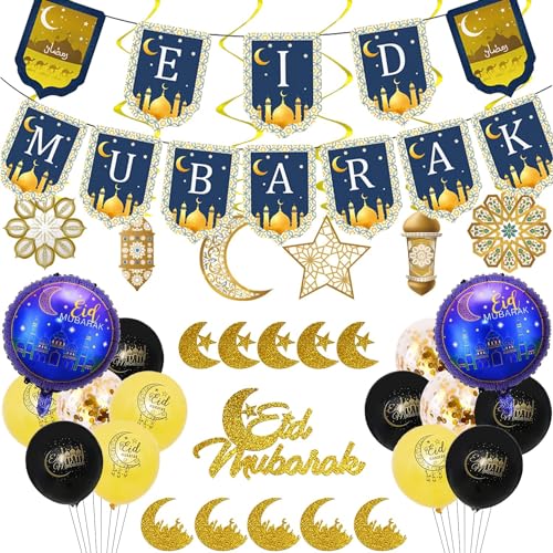 29 Stück Eid Mubarak Dekoration, Eid Mubarak Luftballons, Eid Mubarak Banner Aufhängen, Stern Mond Folienballon für Ramadan Mubarak Partydeko Schwarz Gold (Stil A) von TERJBG