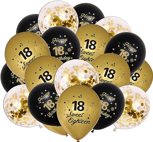 Luftballons 18 Geburtstag, 18. Geburtstag Junge Deko mit 15 Luftballons in Schwarz Gold und Konfetti, Happy Birthday Ballons für Junge und Mädchen für Birthday Party Deko von TERJBG