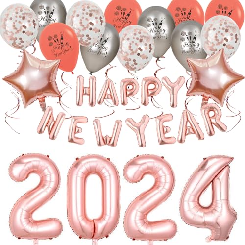 36 Stück Silvester Deko 2024, Silvester Deko Rosegold XXL Folienballon 2024, Happy New Year Banner und Girlande, Silvester Deko für Helium oder Luft von TERJBG