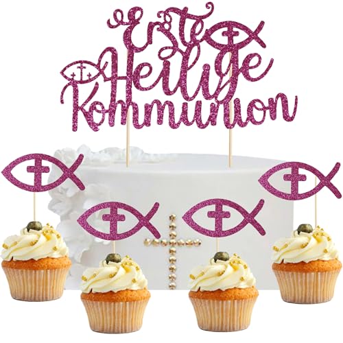 Tortendeko Kommunion, Kommunion Cake Topper Rosa, Erstkommunion Cake Topper und 10 Stück Fisch Muffin Kommunion Deko - Erstkommunion Kuchendekoration für Jungen und Mädchen von TERJBG