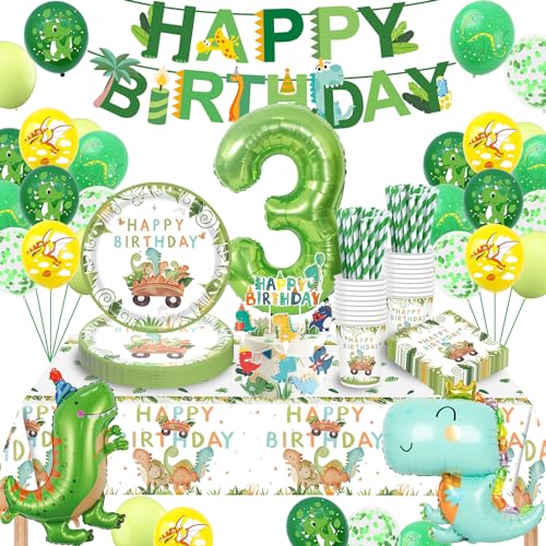Dino Geburtstag Deko 3 Jahre, Dinosaurier Partygeschirr Set, Geburtstagsdeko 3 Jahre Junge, Dinosaurier Luftballons Pappteller Tassen Servietten Tischdecke für Party Kindergeburtstag Deko 16 Gäste von TERLUNNSI