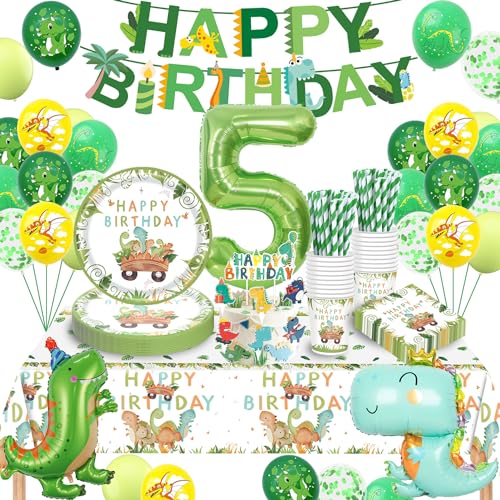 Dino Geburtstag Deko 5 Jahre, Dinosaurier Partygeschirr Set, Geburtstagsdeko 5 Jahre Junge, Dinosaurier Luftballons Pappteller Tassen Servietten Tischdecke für Party Kindergeburtstag Deko 16 Gäste von TERLUNNSI