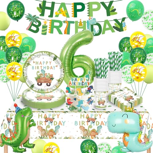 Dino Geburtstag Deko 6 Jahre, Dinosaurier Partygeschirr Set, Geburtstagsdeko 6 Jahre Junge, Dinosaurier Luftballons Pappteller Tassen Servietten Tischdecke für Party Kindergeburtstag Deko 16 Gäste von TERLUNNSI