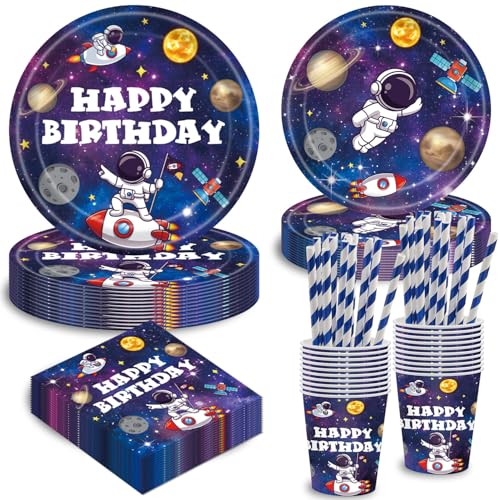 TERLUNNSI Weltraum Geburtstag Deko Partygeschirr Set, Weltraum Geburtstag Party Geschirr, Pappteller Tassen Servietten Strohhalme für Party Kindergeburtstag Deko Junge Mädchen 20 Gäste von TERLUNNSI