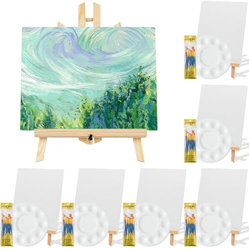 Leinwand- und Staffelei-Set, Kunstmalerei-Set mit 78 Teilen (6 Stück 22,9 cm Holzstaffeleien, 6 Leinwände, 6 Paletten und 60 Pinsel), Malzubehör-Set für Erwachsene und Kinder für Malpartys von TESIN