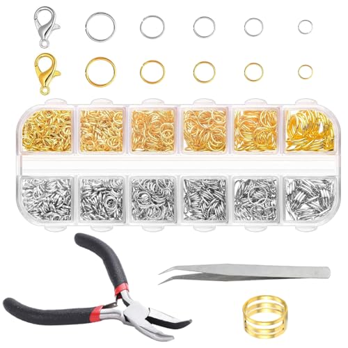 1200 Stück Biegeringe Offene, 4/5/6/7/8/10mm Offener Biegering, Kettenverschluss Set mit Schmuckzange, Schmuck Verschluss für Halskettenreparatur und Schmuckherstellung (Silber und Gold) von TESSTSY