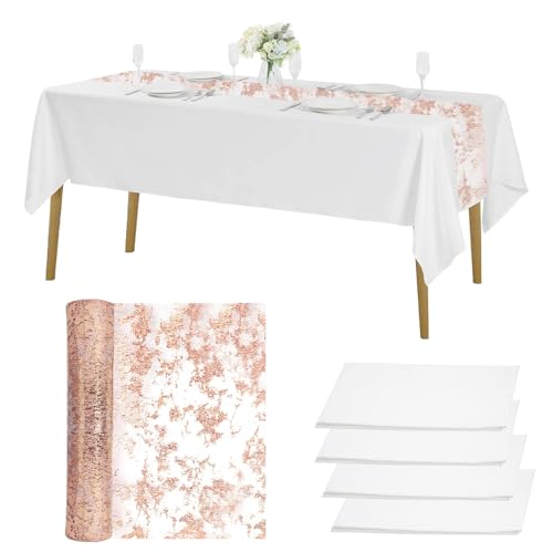 4 Stück Einweg Tischdecke Weiß 137 x 274 cm mit Tischläufer Rosegold 28 cm x 10 m, Wasserdicht Geburtstag Tischdecken, Kunststoff Tischdecken Rechteckig, für Hochzeit, Party, Weihnachten 4 Stück Einweg Tischdecke Weiß 137 x 274 cm mit Tischläufer Rosegold 28 cm x 10 m, Wasserdicht Geburtstag Tischdecken, Kunststoff Tischdecken Rechteckig, für Hochzeit, Party, Weihnachten von TESSTSY