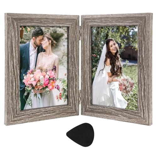 TESSTSY Doppelbilderrahmen 10x15, Klappbarer Bilderrahmen aus Holz, Bilderrahmen Klappbar mit Glasscheibe, Bilderrahmen 2 Fotos, Faltbar Bilderrahmen Collage, für Desktop, Heimdekoration (Grau) von TESSTSY