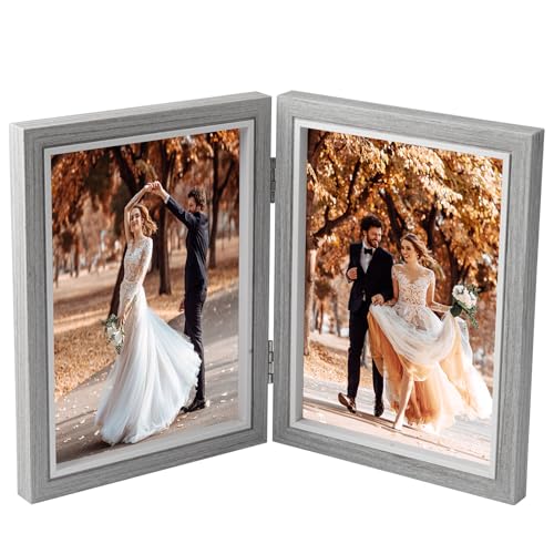 TESSTSY Doppelter Bilderrahmen Faltbar 2 Fotos, 13x18 cm Klappbarer Bilderrahmen Aus Holz, Klappbarer Fotorahmen mit Glasscheibe, für Hochzeit, Familie (Grau) von TESSTSY