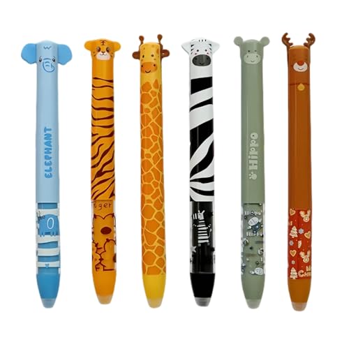 6er-Pack Radierbarer Kugelschreiber, 2025 Süße Radierbare Stifte mit Blau und Rosa Mine, Elefanten, Tiger, Giraffen Gelstifte Radierstift 0,7 mm, Cartoon Erasable Pen für Kinder Studenten Geschenk von TETSMG