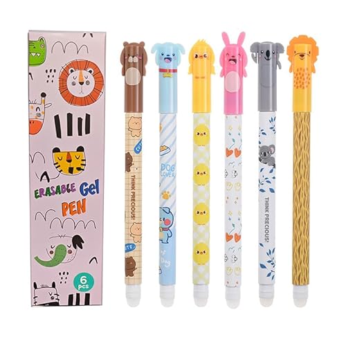 6er-Pack Radierbarer Kugelschreiber, 2025 süße Radiergummis, Kawaii Radierbare Stifte, Hase Löwe Hund Gelstifte Radierbar Blau Mine 0,5 mm, Cartoon Erasable Pen für Kinder Studenten Geschenk von TETSMG