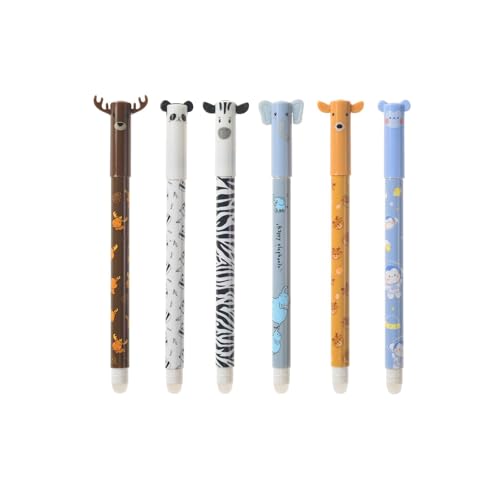6er-Pack Radierbarer Kugelschreiber, 2025 süße Radiergummis, Kawaii Radierbare Stifte 0,5 mm, Panda Hirsch Elefant Radierbar Gelstifte, Cartoon Erasable Pen für Kinder Studenten Geschenk (A, Schwarz) von TETSMG