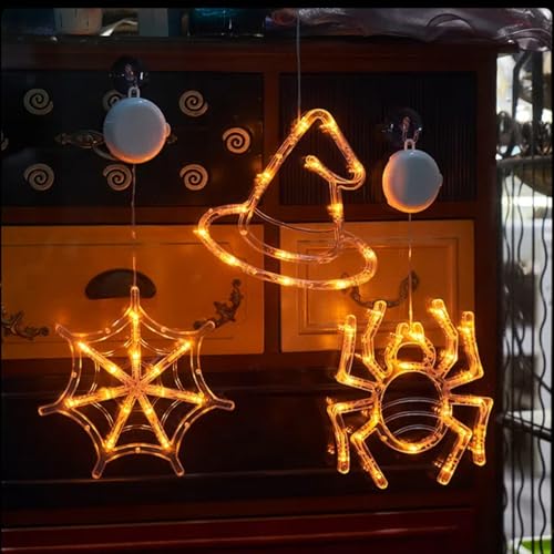 Halloween Deko Fenster Lichter mit Saugnapf, 3 Stück Halloween Spinnennetz Spinne Hexenhut Lichterkette, Batteriebetriebene, Horror Fensterlichter für Halloweendeko Party Fenster Wand Dekoration Halloween Deko Fenster Lichter mit Saugnapf, 3 Stück Halloween Spinnennetz Spinne Hexenhut Lichterkette, Batteriebetriebene, Horror Fensterlichter für Halloweendeko Party Fenster Wand Dekoration von TETSMG