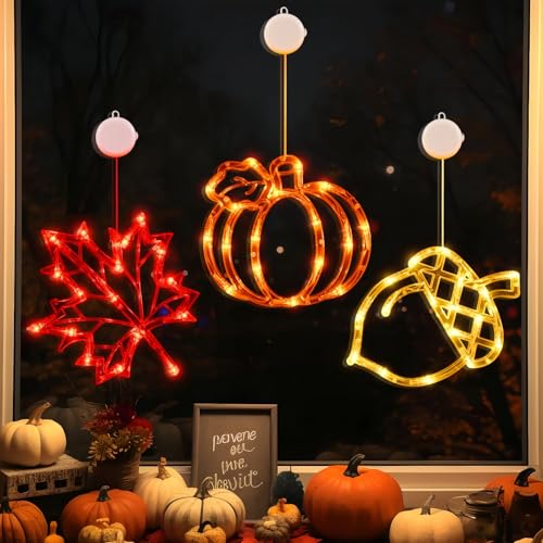 Herbstdeko Fenster Lichter mit Saugnapf, 3er-Pack Halloween Deko LED Kürbis Licht, Batteriebetriebene, Fall Decor Leuchtende Kürbisse für Herbst Dekoration, Hängende Fensterdeko mit Timer (Herbst 01) Herbstdeko Fenster Lichter mit Saugnapf, 3er-Pack Halloween Deko LED Kürbis Licht, Batteriebetriebene, Fall Decor Leuchtende Kürbisse für Herbst Dekoration, Hängende Fensterdeko mit Timer (Herbst 01) von TETSMG