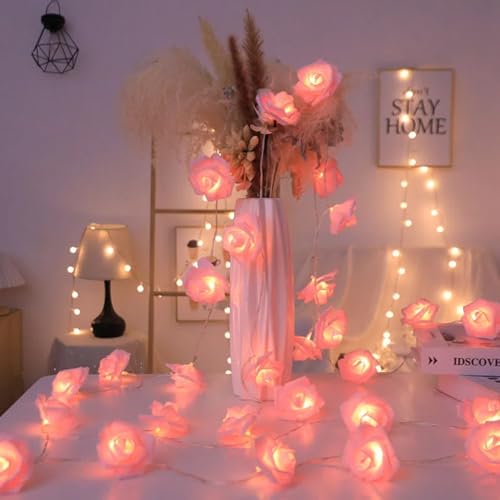 Rosen Lichterkette Batterie, 3M 20 LED Rosen Lichterketten mit Blättern, Hochzeitsdeko Romantische Rosa Rose Lichterkette Innen, Lichterketten für Hochzeit Schlafzimmer Weihnachten Deko Aesthetic von TETSMG