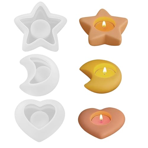 Silikonformen Gießformen Weihnachten, 3 Stück Stern, Herz und Mond Silikonform Weihnachten Kerzenhalter, Gießformen Silikon Kerzenhalter, Sterne Epoxidharz Formen Gipsformen zum Gießen (A) von TETSMG