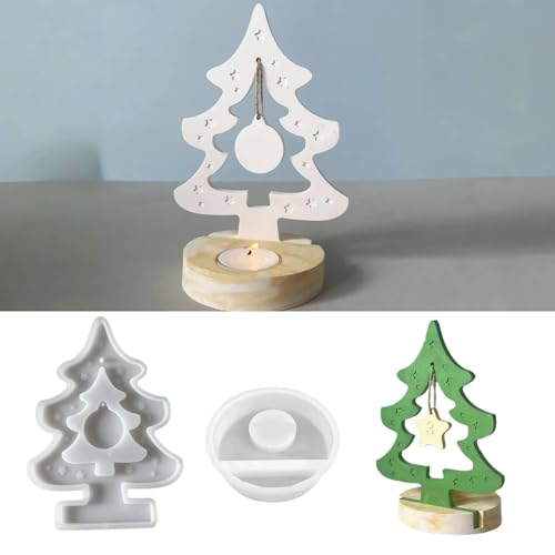 Silikonformen Gießformen Weihnachten Einschieber, Weihnachtsbaum Silikonform Weihnachten Kerzenhalter, Giessformen Silikon Gießform Epoxidharz Weihnachten für Teelichthalter Handwerk (Mit Sockel) von TETSMG
