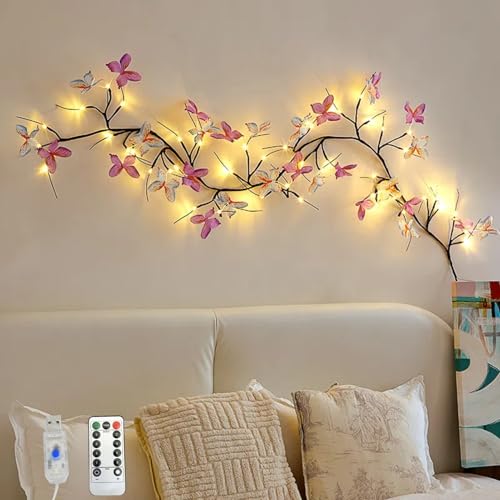 TETSMG Lichterkette Schmetterling Willow Vine, 1.6M 36 LED Frühlingsdeko Lichterkette Innen, Wand Deko Biegbare Zweige Mit LED, 8 Leuchtmodi, USB Künstliche Weidenzweige Lichterkette mit Timer (Bunt) TETSMG Lichterkette Schmetterling Willow Vine, 1.6M 36 LED Frühlingsdeko Lichterkette Innen, Wand Deko Biegbare Zweige Mit LED, 8 Leuchtmodi, USB Künstliche Weidenzweige Lichterkette mit Timer (Bunt) von TETSMG