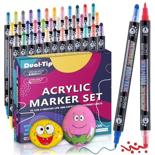 TEVILIK 36 Acrylstifte für Steine Wasserfest mit 1-5mm Doppelspitze, Acrylmarker Permanent Marker Stifte Bemalen für Glas Holz Keramik Leinwand Papier Zeichnen - Basteln Ostern,Ostergeschenke Kinder von TEVILIK
