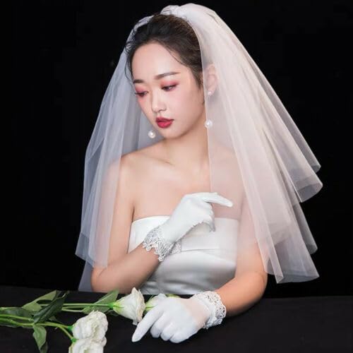 Kurzer zweischichtiger Puffy Hochzeit Weiß Elfenbein Tüll Braut Schleier Schnittkante Günstiges Voile Mariage Zubehör von TEWAX