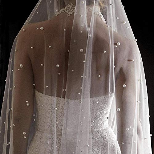 TEWAX Perlen Weiß Elfenbein Lang Brautschleier mit Kamm Einlagig Kathedrale Hochzeitsschleier mit Perlen Kristallperlen 75-300cm von TEWAX