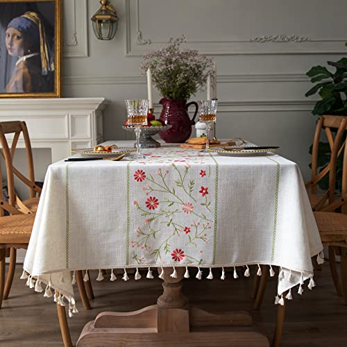 TEWENE Rechteckige Tischdecke, bestickt, Leinen, knitterfrei, Frühlingsmuster, 140 x 213 cm, 6–8 Sitze, rote Blume, Küche, Esszimmer, Outdoor TEWENE Rechteckige Tischdecke, bestickt, Leinen, knitterfrei, Frühlingsmuster, 140 x 213 cm, 6–8 Sitze, rote Blume, Küche, Esszimmer, Outdoor von TEWENE