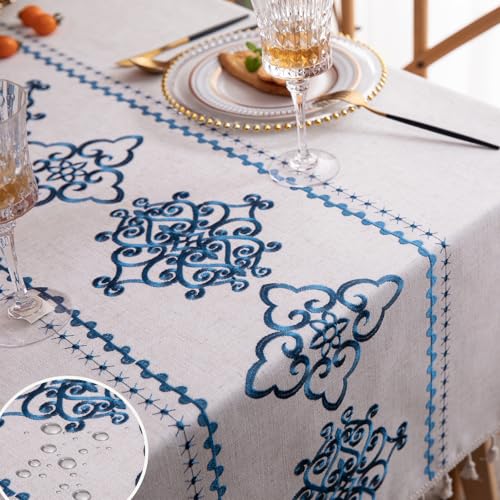 TEWENE Rechteckige Tischdecke, bestickt, Leinen, knitterfrei, Frühlingstischdecke für Küche, Esszimmer, Outdoor (140 x 213 cm, 6–8 Sitze, blaue Blume) von TEWENE