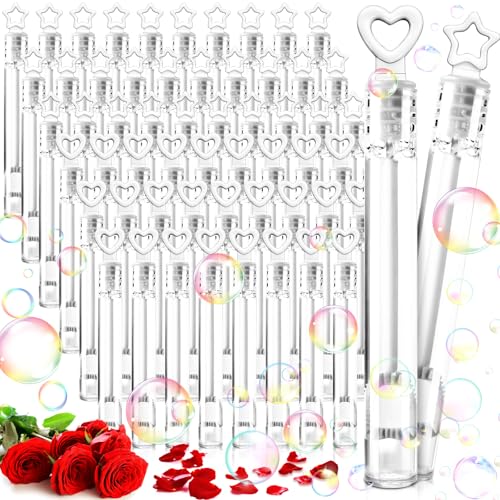 TEWWCEO 60x Seifenblasen Hochzeit Set in weiß - mit Herz-/Sternförmigen Griffen, Mini Seifenblasen Set, Seifenblasen für Hochzeit Party Verlobung Geburtstag Valentinstag von TEWWCEO