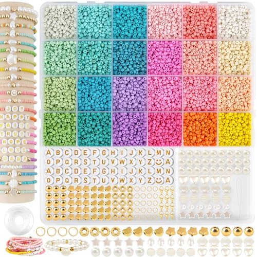 3 mm Glas-Rocailles-Perlen für Armband, Schmuckherstellung, 24 Farben, Armbandherstellungs-Set für Mädchen und Erwachsene, DIY-Freundschaftsarmbänder-Set mit Buchstabenperlen von TEXGIZRLY